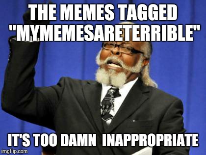 My thoughts about MyMemesAreTerrible | THE MEMES TAGGED "MYMEMESARETERRIBLE"; IT'S TOO DAMN 
INAPPROPRIATE | image tagged in memes,too damn high,reaction | made w/ Imgflip meme maker