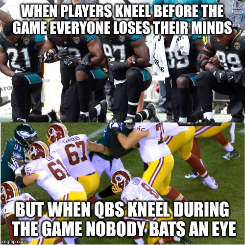 NFL QB KNEELING NOBODY BATS AN EYE | WHEN PLAYERS KNEEL BEFORE THE GAME EVERYONE LOSES THEIR MINDS; BUT WHEN QBS KNEEL DURING THE GAME NOBODY BATS AN EYE | image tagged in nfl memes,kneeling,the joker,joker nobody bats an eye,nfl,memes | made w/ Imgflip meme maker