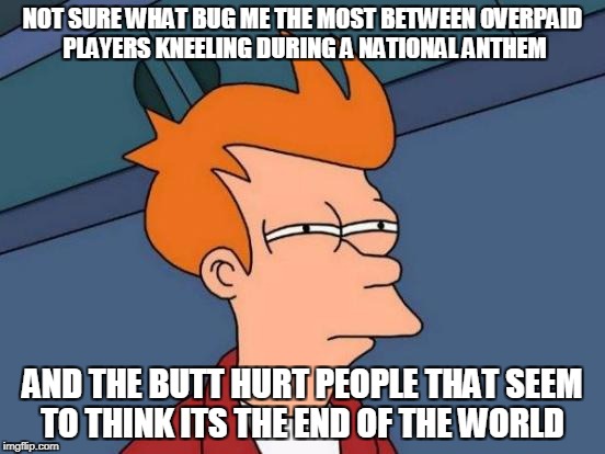 Futurama Fry Meme | NOT SURE WHAT BUG ME THE MOST BETWEEN OVERPAID PLAYERS KNEELING DURING A NATIONAL ANTHEM; AND THE BUTT HURT PEOPLE THAT SEEM TO THINK ITS THE END OF THE WORLD | image tagged in memes,futurama fry | made w/ Imgflip meme maker