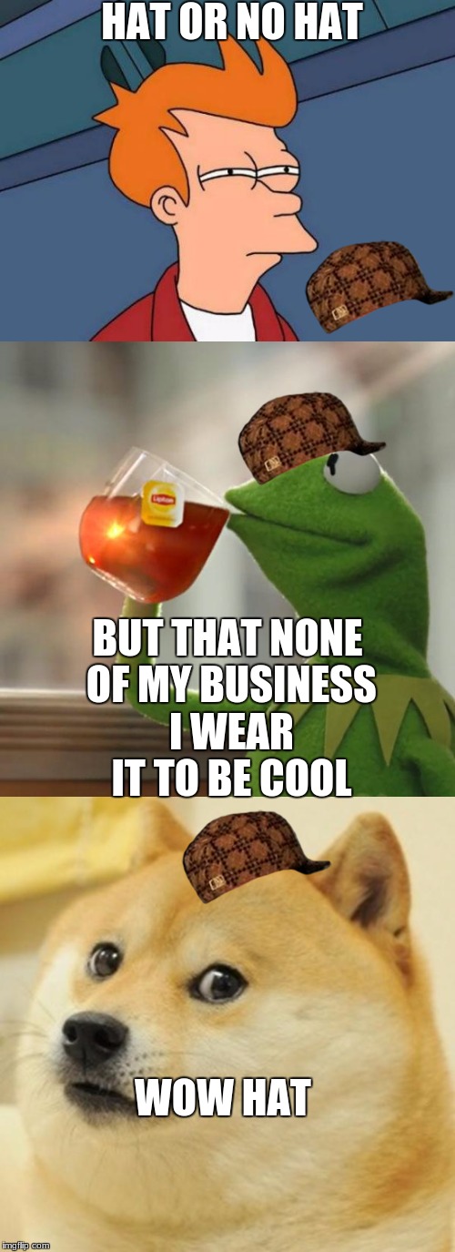 will he wear a hat | HAT OR NO HAT; BUT THAT NONE OF MY BUSINESS I WEAR IT TO BE COOL; WOW HAT | image tagged in hats | made w/ Imgflip meme maker