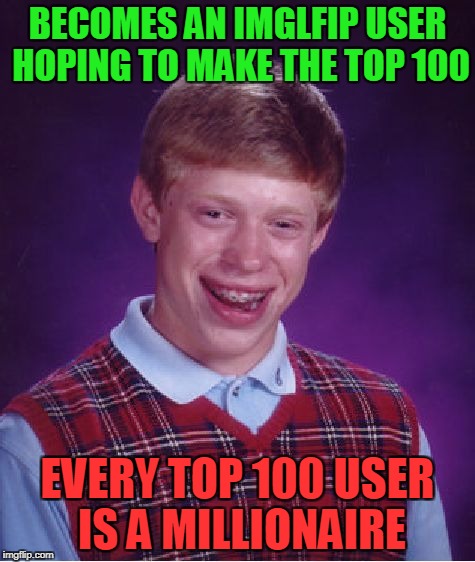 IMGFlip in 5 years | BECOMES AN IMGLFIP USER HOPING TO MAKE THE TOP 100; EVERY TOP 100 USER IS A MILLIONAIRE | image tagged in memes,bad luck brian,blb,top 100,leaderboard,imgflip | made w/ Imgflip meme maker
