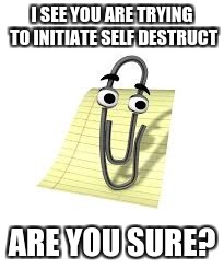 Star Trek control board in real life | I SEE YOU ARE TRYING TO INITIATE SELF DESTRUCT; ARE YOU SURE? | image tagged in clippy,star trek | made w/ Imgflip meme maker