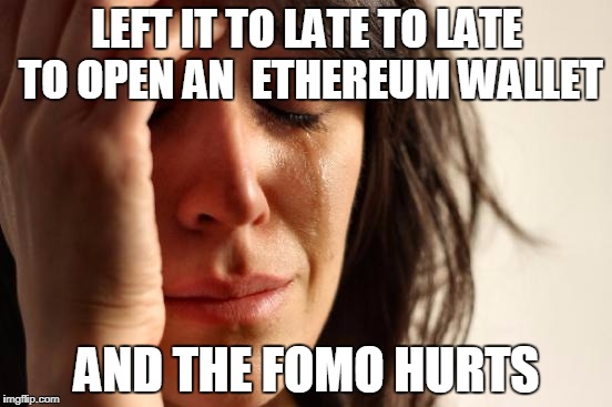 First World Problems | LEFT IT TO LATE TO LATE TO OPEN AN  ETHEREUM WALLET; AND THE FOMO HURTS | image tagged in memes,first world problems | made w/ Imgflip meme maker