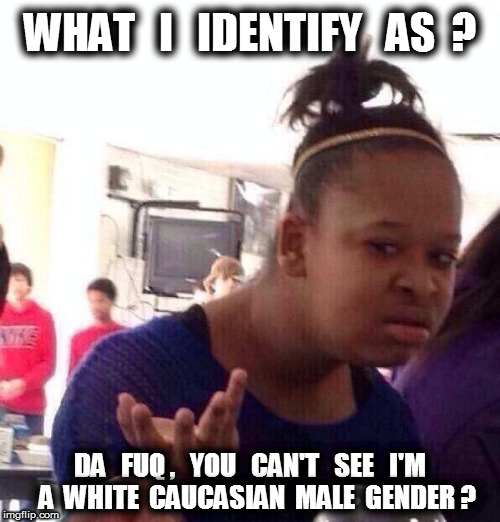 Black Girl Wat I Identify As | WHAT   I   IDENTIFY   AS  ? DA   FUQ ,   YOU   CAN'T   SEE   I'M   A  WHITE  CAUCASIAN  MALE  GENDER ? | image tagged in memes,black girl wat,identify,white,caucasian,gender | made w/ Imgflip meme maker