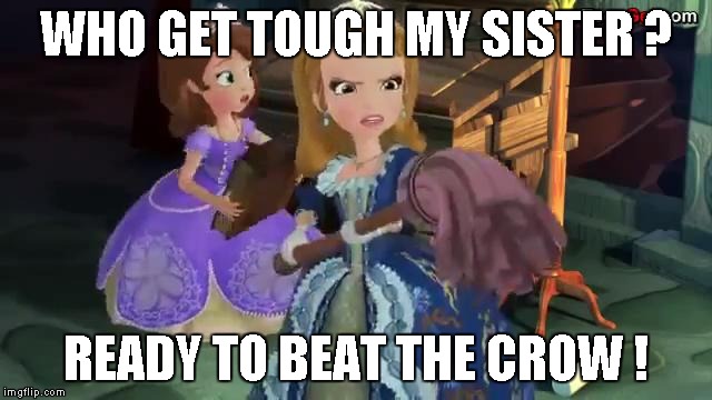 Defence And Attack Off princess Sofia | WHO GET TOUGH MY SISTER ? READY TO BEAT THE CROW ! | image tagged in claws off my sister,memes | made w/ Imgflip meme maker