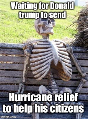 Waiting Skeleton Meme | Waiting for Donald trump to send; Hurricane relief to help his citizens | image tagged in memes,waiting skeleton,meme | made w/ Imgflip meme maker