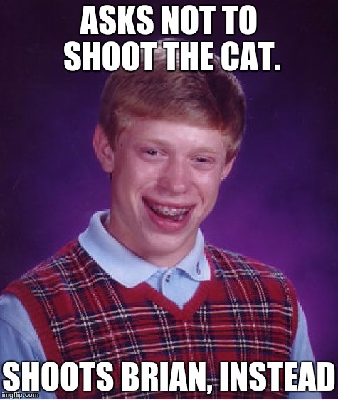 Bad Luck Brian Meme | ASKS NOT TO SHOOT THE CAT. SHOOTS BRIAN, INSTEAD | image tagged in memes,bad luck brian | made w/ Imgflip meme maker