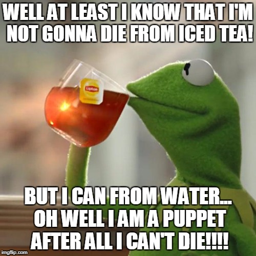 But That's None Of My Business Meme | WELL AT LEAST I KNOW THAT I'M NOT GONNA DIE FROM ICED TEA! BUT I CAN FROM WATER... OH WELL I AM A PUPPET AFTER ALL I CAN'T DIE!!!! | image tagged in memes,but thats none of my business,kermit the frog | made w/ Imgflip meme maker