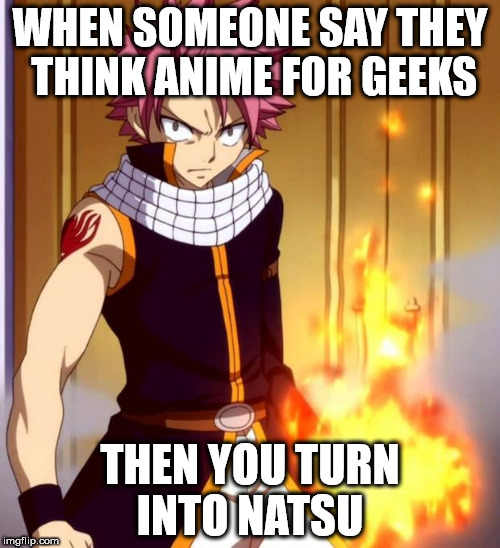 Natsu (Fairytail) | WHEN SOMEONE SAY THEY THINK ANIME FOR GEEKS; THEN YOU TURN INTO NATSU | image tagged in natsu fairytail | made w/ Imgflip meme maker
