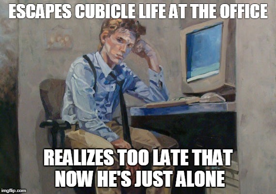 Home Alone | ESCAPES CUBICLE LIFE AT THE OFFICE; REALIZES TOO LATE THAT NOW HE'S JUST ALONE | image tagged in telecommuting,working from home,home alone,where is everybody,depressed,alone | made w/ Imgflip meme maker
