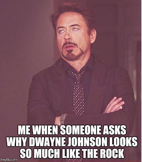 Face You Make Robert Downey Jr Meme | ME WHEN SOMEONE ASKS WHY DWAYNE JOHNSON LOOKS SO MUCH LIKE THE ROCK | image tagged in memes,face you make robert downey jr | made w/ Imgflip meme maker