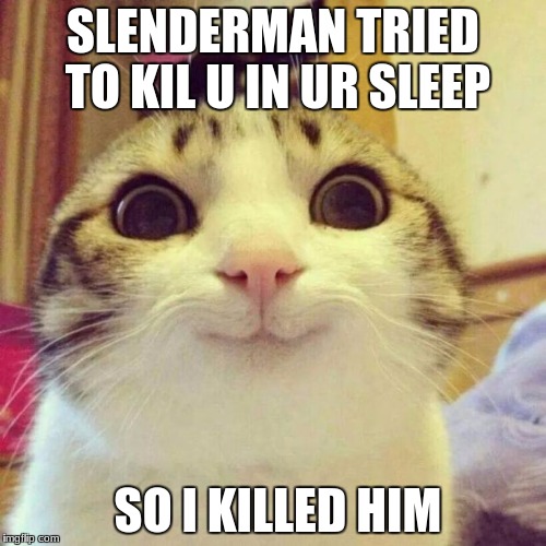 Smiling Cat Meme | SLENDERMAN TRIED TO KIL U IN UR SLEEP; SO I KILLED HIM | image tagged in memes,smiling cat | made w/ Imgflip meme maker