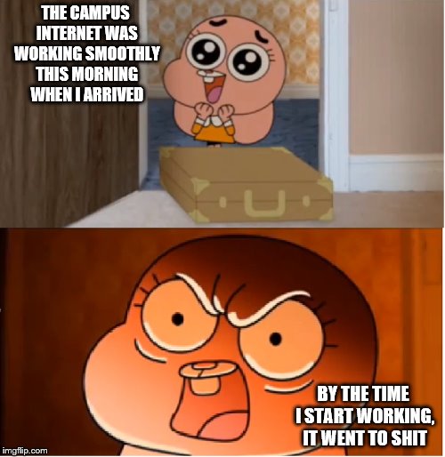 Shitty Internet Connection | THE CAMPUS INTERNET WAS WORKING SMOOTHLY THIS MORNING WHEN I ARRIVED; BY THE TIME I START WORKING, IT WENT TO SHIT | image tagged in gumball - anais false hope meme,college,internet,memes | made w/ Imgflip meme maker