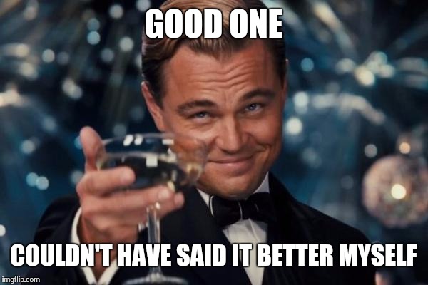 GOOD ONE COULDN'T HAVE SAID IT BETTER MYSELF | image tagged in memes,leonardo dicaprio cheers | made w/ Imgflip meme maker