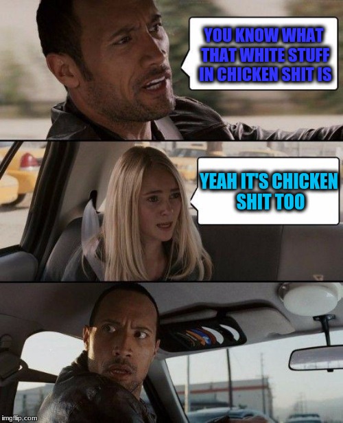 The Rock Driving | YOU KNOW WHAT THAT WHITE STUFF IN CHICKEN SHIT IS; YEAH IT'S CHICKEN SHIT TOO | image tagged in memes,the rock driving | made w/ Imgflip meme maker