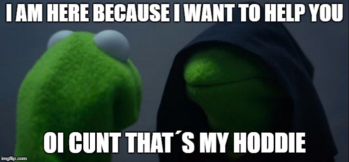 Evil Kermit Meme | I AM HERE BECAUSE I WANT TO HELP YOU; OI CUNT THAT´S MY HODDIE | image tagged in evil kermit | made w/ Imgflip meme maker