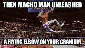 macho | THEN MACHO MAN UNLEASHED A FLYING ELBOW ON YOUR CRANIUM | image tagged in macho | made w/ Imgflip meme maker