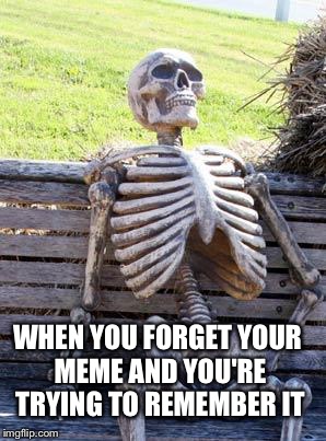 Waiting Skeleton | WHEN YOU FORGET YOUR MEME AND YOU'RE TRYING TO REMEMBER IT | image tagged in memes,waiting skeleton | made w/ Imgflip meme maker