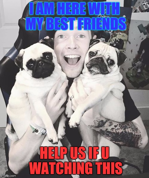 DanTDM and the pugs | I AM HERE WITH MY BEST FRIENDS; HELP US IF U WATCHING THIS | image tagged in dantdm and the pugs | made w/ Imgflip meme maker