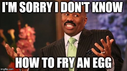 Steve Harvey | I'M SORRY I DON'T KNOW; HOW TO FRY AN EGG | image tagged in memes,steve harvey | made w/ Imgflip meme maker
