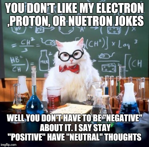 I'm sorry  | YOU DON'T LIKE MY ELECTRON ,PROTON, OR NUETRON JOKES; WELL YOU DON'T HAVE TO BE "NEGATIVE" ABOUT IT. I SAY STAY "POSITIVE" HAVE "NEUTRAL" THOUGHTS | image tagged in memes,chemistry cat | made w/ Imgflip meme maker