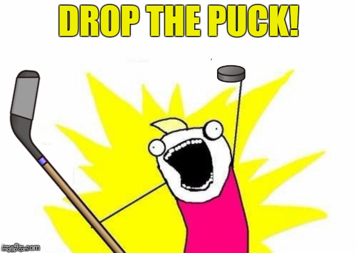 Hockey players stand for two anthems | DROP THE PUCK! | image tagged in x all the y,hockey,drop the puck | made w/ Imgflip meme maker