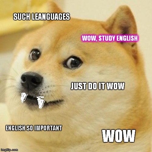 Doge Meme | SUCH LEANGUAGES; WOW, STUDY ENGLISH; JUST DO IT WOW; ENGLISH SO IMPORTANT; WOW | image tagged in memes,doge | made w/ Imgflip meme maker