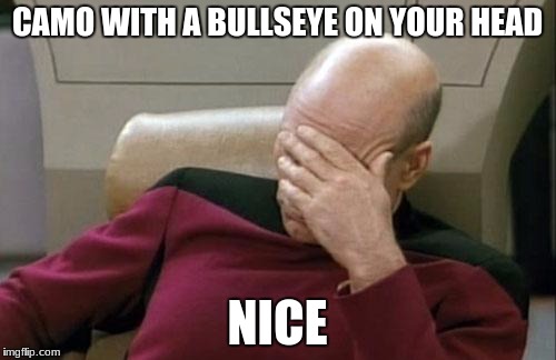 Captain Picard Facepalm Meme | CAMO WITH A BULLSEYE ON YOUR HEAD NICE | image tagged in memes,captain picard facepalm | made w/ Imgflip meme maker