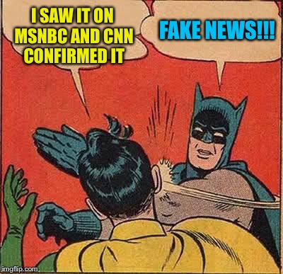 Batman Slapping Robin | I SAW IT ON MSNBC AND CNN CONFIRMED IT; FAKE NEWS!!! | image tagged in memes,batman slapping robin | made w/ Imgflip meme maker