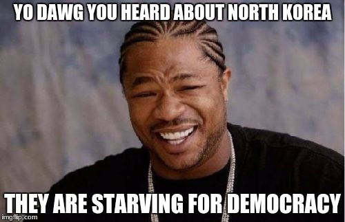 Yo Dawg Heard You | YO DAWG YOU HEARD ABOUT NORTH KOREA; THEY ARE STARVING FOR DEMOCRACY | image tagged in memes,yo dawg heard you | made w/ Imgflip meme maker