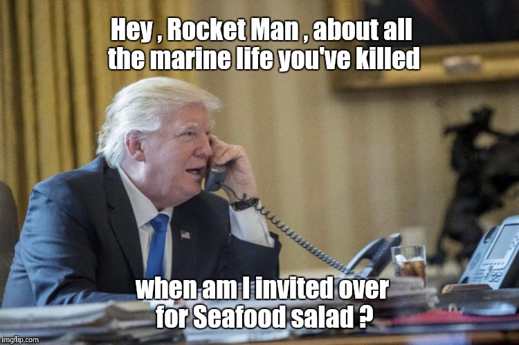 "All the science I don't understand , it's just my job 5 days a week" - Elton John | Hey , Rocket Man , about all the marine life you've killed; when am I invited over for Seafood salad ? | image tagged in president trump,kim jong un,lunch,tuna,piano,fish | made w/ Imgflip meme maker