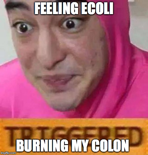 Pink guy triggered | FEELING ECOLI; BURNING MY COLON | image tagged in pink guy triggered | made w/ Imgflip meme maker