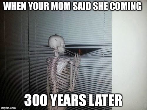 Waiting Skeleton | WHEN YOUR MOM SAID SHE COMING; 300 YEARS LATER | image tagged in waiting skeleton | made w/ Imgflip meme maker