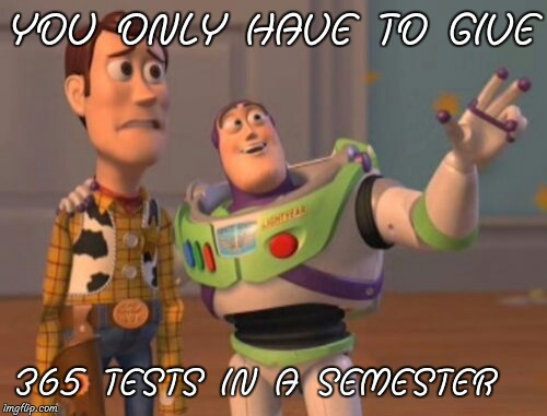 X, X Everywhere | YOU ONLY HAVE TO GIVE; 365 TESTS IN A SEMESTER | image tagged in memes,x x everywhere | made w/ Imgflip meme maker