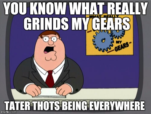 Peter Griffin News | YOU KNOW WHAT REALLY GRINDS MY GEARS; TATER THOTS BEING EVERYWHERE | image tagged in memes,peter griffin news | made w/ Imgflip meme maker