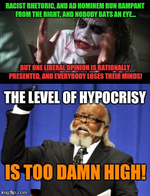 I think it speaks for itself | RACIST RHETORIC, AND AD HOMINEM RUN RAMPANT FROM THE RIGHT, AND NOBODY BATS AN EYE... BUT ONE LIBERAL OPINION IS RATIONALLY PRESENTED, AND EVERYBODY LOSES THEIR MINDS! THE LEVEL OF HYPOCRISY; IS TOO DAMN HIGH! | image tagged in too damn high,and everybody loses their minds,hypocrisy,politics | made w/ Imgflip meme maker