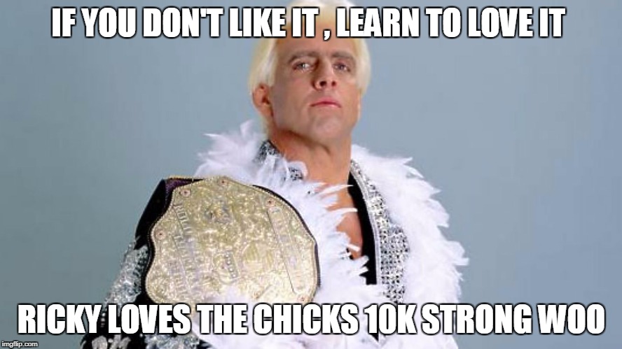 Rick Flair 10K | IF YOU DON'T LIKE IT , LEARN TO LOVE IT; RICKY LOVES THE CHICKS 10K STRONG WOO | image tagged in rick flair 10k | made w/ Imgflip meme maker