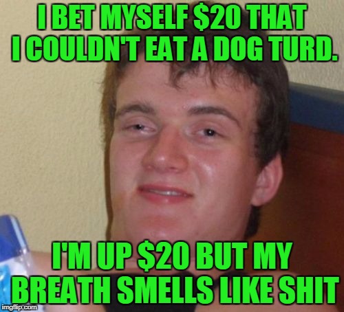 I'm gonna buy some gum with my winnings. | I BET MYSELF $20 THAT I COULDN'T EAT A DOG TURD. I'M UP $20 BUT MY BREATH SMELLS LIKE SHIT | image tagged in memes,10 guy | made w/ Imgflip meme maker