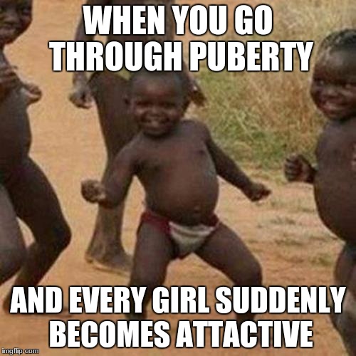 Third World Success Kid Meme | WHEN YOU GO THROUGH PUBERTY; AND EVERY GIRL SUDDENLY BECOMES ATTACTIVE | image tagged in memes,third world success kid | made w/ Imgflip meme maker