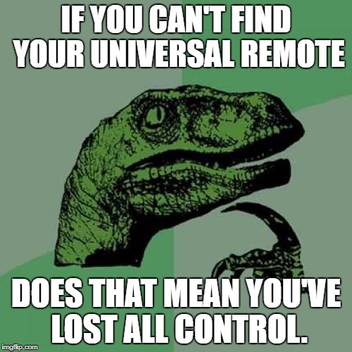 Philosoraptor Meme | IF YOU CAN'T FIND YOUR UNIVERSAL REMOTE; DOES THAT MEAN YOU'VE LOST ALL CONTROL. | image tagged in memes,philosoraptor,AdviceAnimals | made w/ Imgflip meme maker