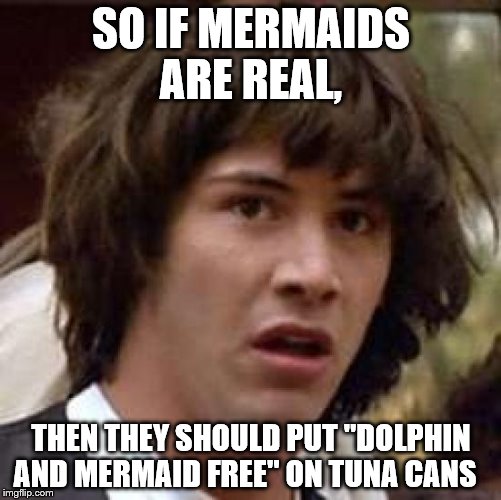 Conspiracy Keanu Meme | SO IF MERMAIDS ARE REAL, THEN THEY SHOULD PUT "DOLPHIN AND MERMAID FREE" ON TUNA CANS | image tagged in memes,conspiracy keanu | made w/ Imgflip meme maker