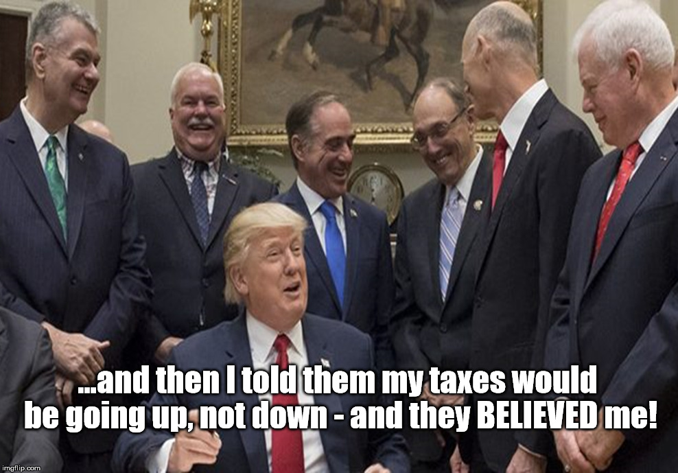 Laughing Deplorably | ...and then I told them my taxes would be going up, not down - and they BELIEVED me! | image tagged in donald trump,taxes | made w/ Imgflip meme maker