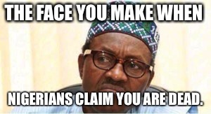 Buhari Face | THE FACE YOU MAKE WHEN; NIGERIANS CLAIM YOU ARE DEAD. | image tagged in buhari face | made w/ Imgflip meme maker