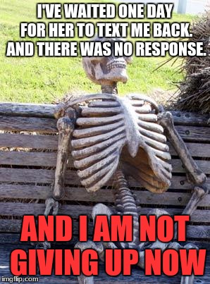 Waiting Skeleton | I'VE WAITED ONE DAY FOR HER TO TEXT ME BACK. AND THERE WAS NO RESPONSE. AND I AM NOT GIVING UP NOW | image tagged in memes,waiting skeleton | made w/ Imgflip meme maker