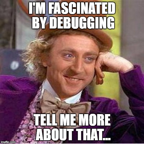 Willie Wonka | I'M FASCINATED BY DEBUGGING; TELL ME MORE ABOUT THAT... | image tagged in willie wonka | made w/ Imgflip meme maker