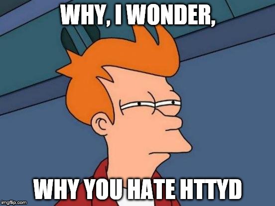 Futurama Fry | WHY, I WONDER, WHY YOU HATE HTTYD | image tagged in memes,futurama fry | made w/ Imgflip meme maker