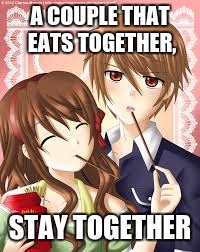A couple that eats together, stay together | A COUPLE THAT EATS TOGETHER, STAY TOGETHER | image tagged in anime,anime couple eating,pocky,anime couple,eating,true couple | made w/ Imgflip meme maker