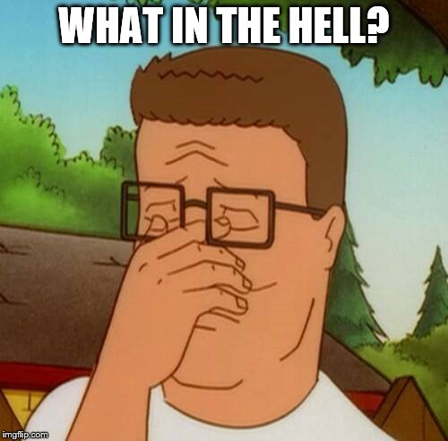 Hank Hill Frustrated | WHAT IN THE HELL? | image tagged in hank hill | made w/ Imgflip meme maker