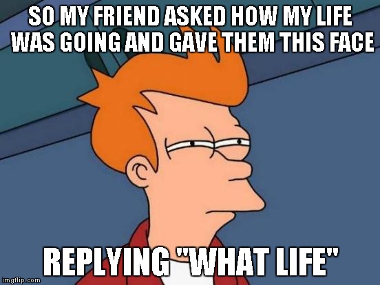 Not sure if triggered of confused. | SO MY FRIEND ASKED HOW MY LIFE WAS GOING AND GAVE THEM THIS FACE; REPLYING "WHAT LIFE" | image tagged in memes,futurama fry | made w/ Imgflip meme maker