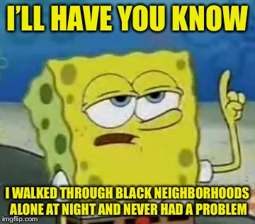 I’LL HAVE YOU KNOW I WALKED THROUGH BLACK NEIGHBORHOODS ALONE AT NIGHT AND NEVER HAD A PROBLEM | made w/ Imgflip meme maker